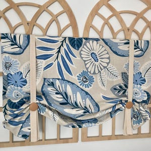 Indigo Floral Tie Up Valance: Farmhouse Kitchen Curtain