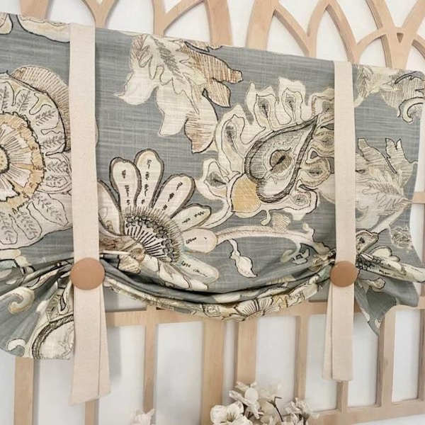 Beige Polar Flowers and Gray Linen Valance, Farmhouse Kitchen Curtain, Window Treatment, Floral Panel