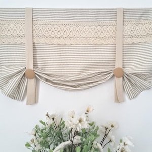 Natural Greige Stripe and Lace Tie Up Valance, Farmhouse Valance, Country Valance, Kitchen Valance, Country Valance, Lace Valance