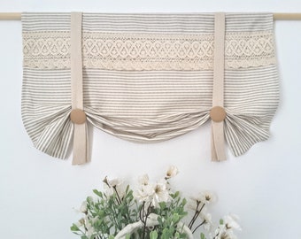 Natural Greige Green Stripe and Lace Tie Up Valance, Farmhouse Valance, Country Valance, Kitchen Valance, Country Valance, Lace Valance