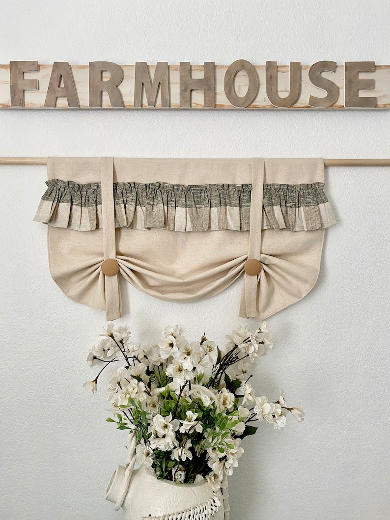 Rustic Plaid Ruffle Valance: Farmhouse Kitchen Curtain, Natural Cotton ...