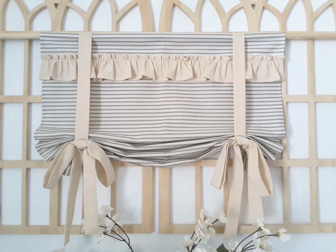 Farmhouse Gray Ticking and Natural Tie up Valance, Striped Ruffle Panel ...