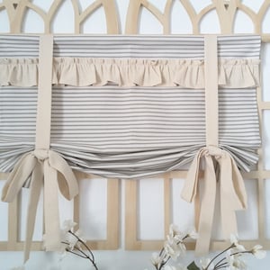 Farmhouse Gray Ticking And Natural Tie up Valance, Ticking Valance, Country Valance, Ruffle Valance, Tie Up Valance, Rustic Valance