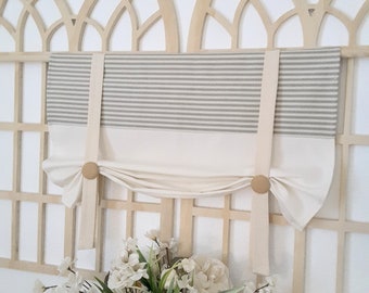 Ticking Sage Tie Up Valance: Farmhouse Kitchen Window Treatment