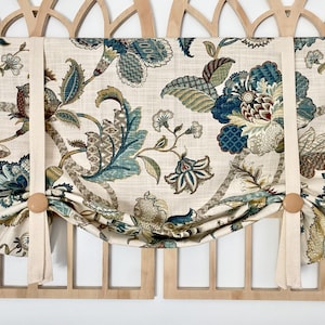 French Floral Valance, Finders Keepers French Blue Jacobean Floral Farmhouse Valance, Linen Valance, Linen Curtain, Tie Up Valance
