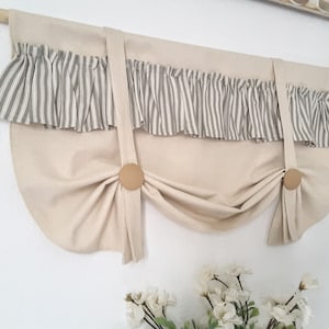 Sage Ticking Ruffle Valance: Farmhouse Country Tie-Up Curtain, Striped Panel, Window Treatment