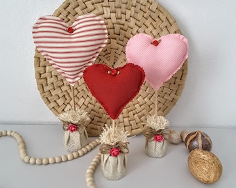 Farmhouse Fabric hearts, Fabric Hearts Wooden Stands, Fabric Hearts, Valentine's Fabric Hearts, Mini Fabric Hearts, Country Hearts