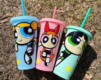 Powerpuff Girls 24oz Cold Cup, Blossom, Buttercup, Bubbles, Gifts for her, Cartoon Network, 90s Kid, Tumbler for Girls, Character Cup