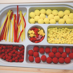 Yellow and Red Accessories (Pompoms, Rabbits, Caterpillar) for TROFAST Lid / Flisat IKEA