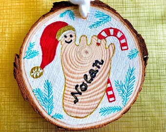 Personalized Baby Ornament First Christmas ornament with wood burned name Custom painted wood ornament Christmas gift for new parents