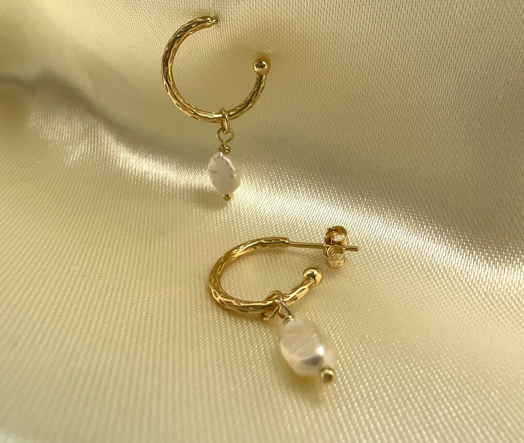 Pearl Hanging Hoop Earrings in Silver 925 Plated Gold Etsy