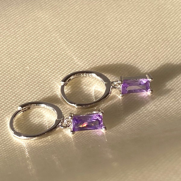 Creolen Lila/ Amethyst/ Ohrschmuck Sterling Silber 925/ rechteckige Creolen/ eleganter Schmuck/ Huggie Ohrringe/ Sterling Silber Hoops