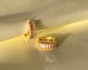 Hoop earrings rose/ earrings sterling silver 925/ hoop earrings with stones/ gold-plated hoop earrings/ plated gold/ mini hoops/ baguette
