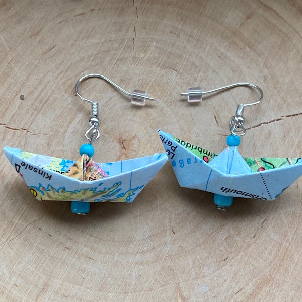 Earrings origami boat from map large