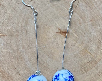 Earrings porcelain pearl with blue flowers