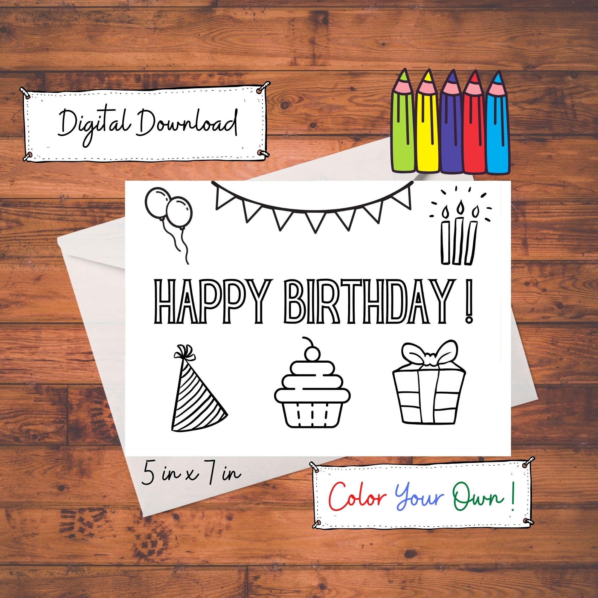printable happy birthday coloring card digital download etsy
