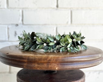 Pearl greenery flower crown - mixed greens floral hair accessory - whimsical forest bridal bridesmaid wedding tiara - preserved eucalyptus