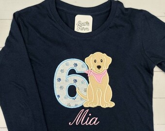 Geburtstagsshirt Hund personalisiert mit Name und Zahl, Shirt bestickt mit kuschelig weichem Welpe als Geschenk zum Geburtstag