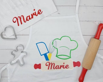 Kinderschürze und Kochmütze mit Namen im Set, personalisierte Kochschürze für Kinder bestickt mit Motiv und Name