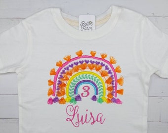 Boho rainbow birthday shirt with fringes, personalized with number 1-9 and name