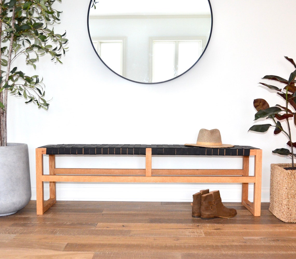 Black Woven Leather Bench Etsy