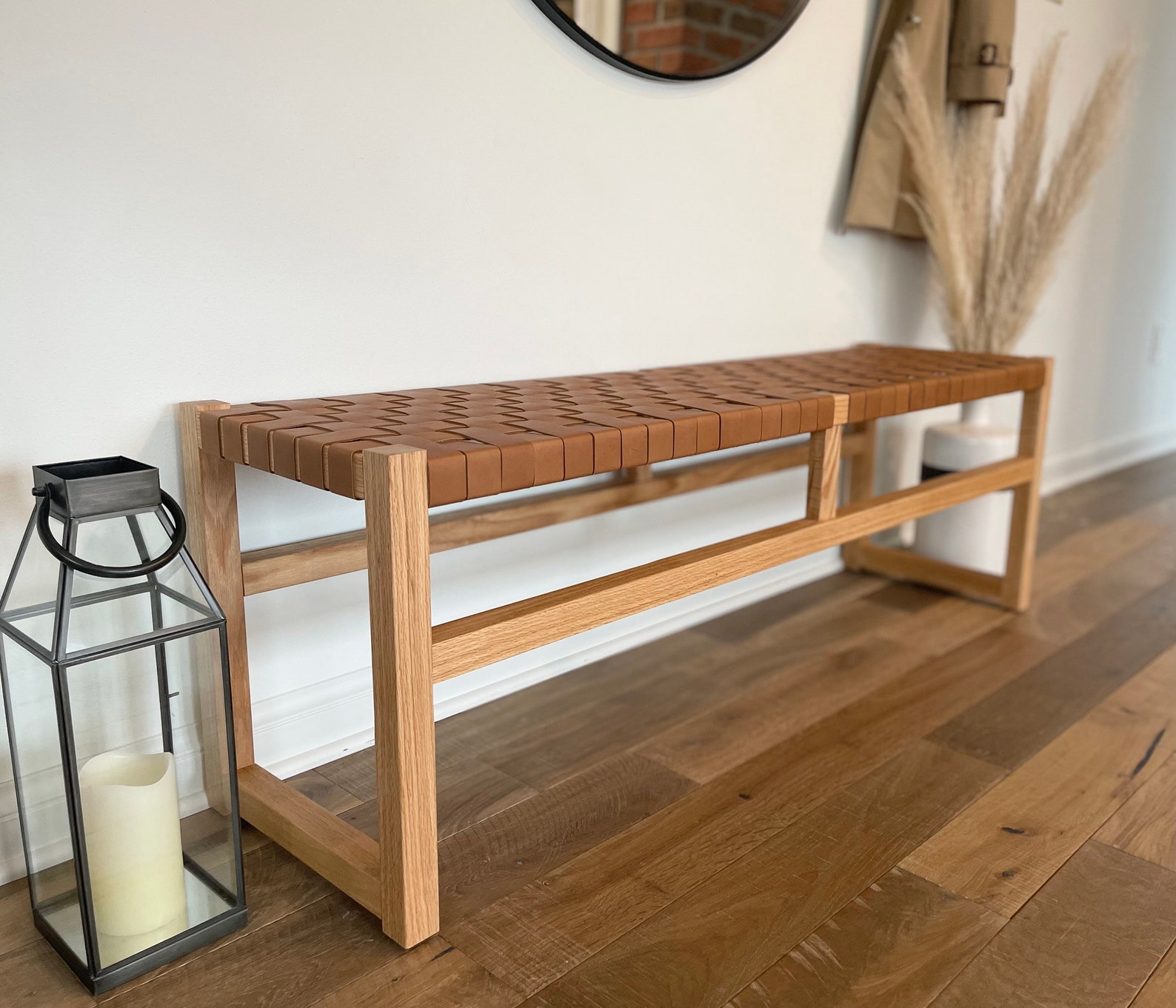 Woven Leather Bench Cognac Tan Etsy