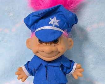 Vintage Russ Troll Doll  Police Officer  Pink Hair  Item #18327  1990s