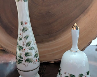 Vintage Royal Limited HOLLY HOLIDAY Porcelain Bell & Bud Vase, Gold Trim Japan