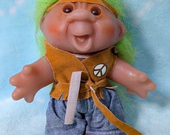 Vintage DAM Troll Doll, Hippie, Fringe Vest, Headband, Green Hair 1986 Retro