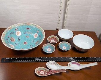 Vintage Chinese Mun Shou Longevity Porcelain 14 Pc Set Tea Cups Rice Bowls Spoon