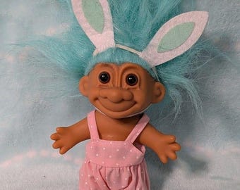 Vintage Russ Troll Doll  Bunny Ears  Pink Romper  Easter  Item #18415  1990