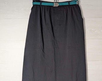 Vintage Russ Studio Skirt Size L Black Midi Pencil ILGWU Made in USA Belted RARE