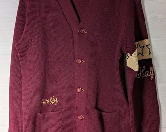 VINTAGE Broadway Knitting Mills Wool Varsity Cardigan Sweater Maroon Wally RARE