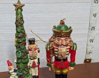 VINTAGE Resin Nutcracker Christmas Ornament Lot 2pc King & Tree Scene Hand Paint