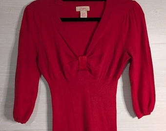 VINTAGE Candie’s Red Bow Front Sweater Top Y2K  3/4 Puff Sleeve Jrs L, Woman's S