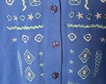 VINTAGE BonWorth White Embroidered Button Front Cardigan Sweater L Grandmacore