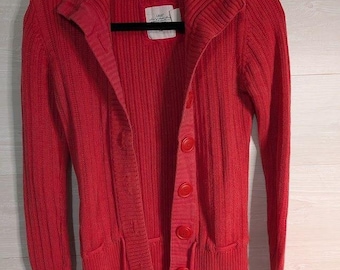Vintage H&M LOGG Red Ribbed Cardigan S Chunky Cotton Knit Drawstring Button Y2K