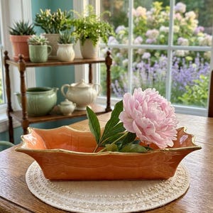 Vintage Hull Pottery Planter, Speckled Orange Glaze, Gold Trimmed Scalloped Edge