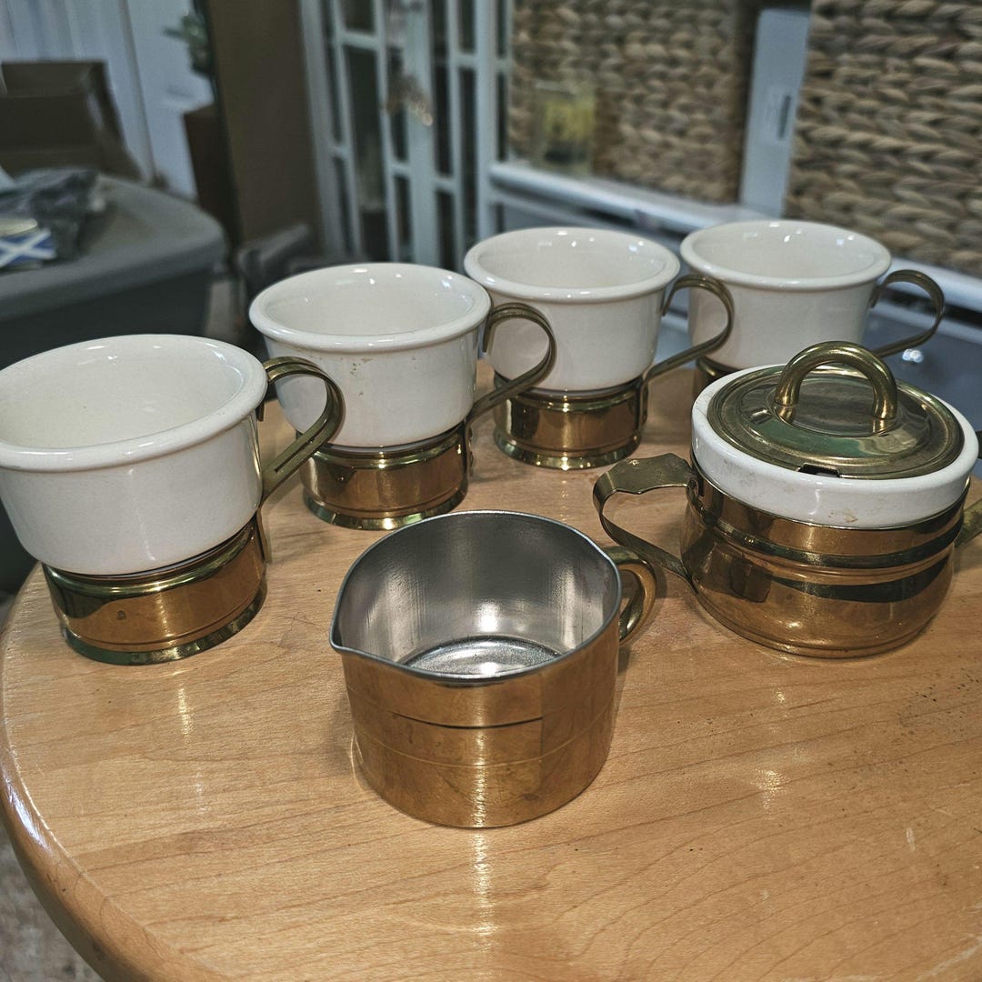 Vintage Beucler Coffee Tea Set, Brass Creamer, Ceramic Sugar Bowl, 4 ...