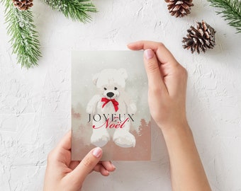 Carte de Noël et fêtes de fin d'année avec ourson blanc, cartes de voeux enfant