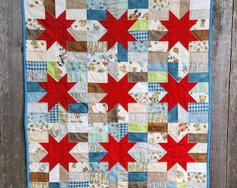 Handgemaakte quilt met sterren voor baby's! Patchwork deken pasgeboren jongen - blauw, groen, bruin, crème, rood