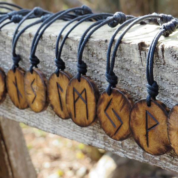 Viking Runes Necklaces | Handmade wooden necklace with adjustable waxed cotton cord | viking jewelry