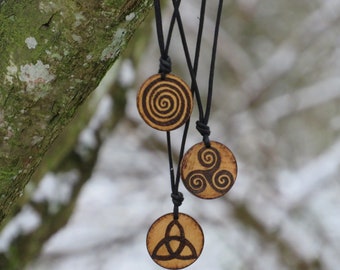 Celtic Symbols Necklaces | Handmade wooden necklace with adjustable waxed cotton cord | viking jewelry | Triskelion | Triquetra | Spiral