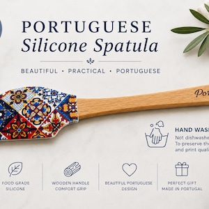 May include: A silicone spatula with a wooden handle featuring the word Portugal. The silicone head displays a colorful, intricate tile pattern in blue, red, yellow, and white. Text on the image includes Portuguese Silicone Spatula, Made in Portugal, and Hand Wash Only.
