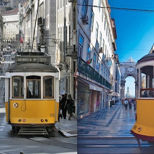 May include: Two yellow vintage streetcars in Lisbon, Portugal. The streetcar on the left is traveling uphill on a cobblestone street. The streetcar on the right is traveling down a street with a large archway in the background.