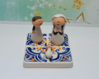 mini nativity scene, ceramic, gift, tile, collection Handmade Christmas Nativity CORK sacred family Jesus Mary Baby decor genuine Portugal