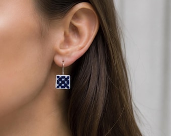 Portuguese Ceramic Tile Earrings, Handmade Mini Azulejo Earrings, Stainless Steel Jewellery, Portugal Gift, Blue and White Earrings