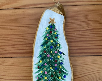Oyster Ornaments Featuring Hand Painted Christmas Tree Design
