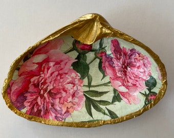 Peony Decoupaged Clam Shell Trinket Dish