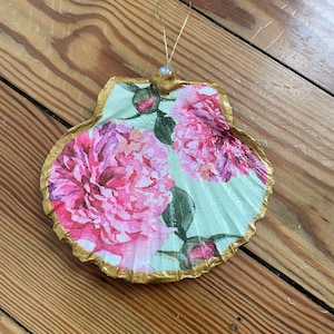 Peony and Gold Scallop Shell Ornament